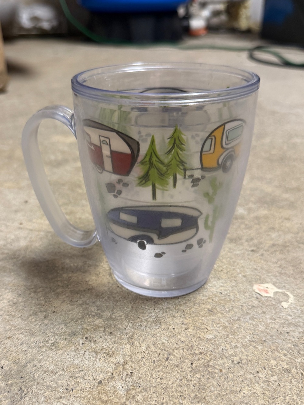 16 oz Tervis Tumbler plastic cup with handle camping/trailer graphics outdoors.